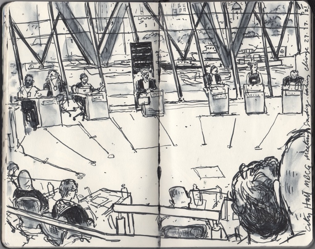 GLA hearing sketch, by Phil Carter, 27/7/21
